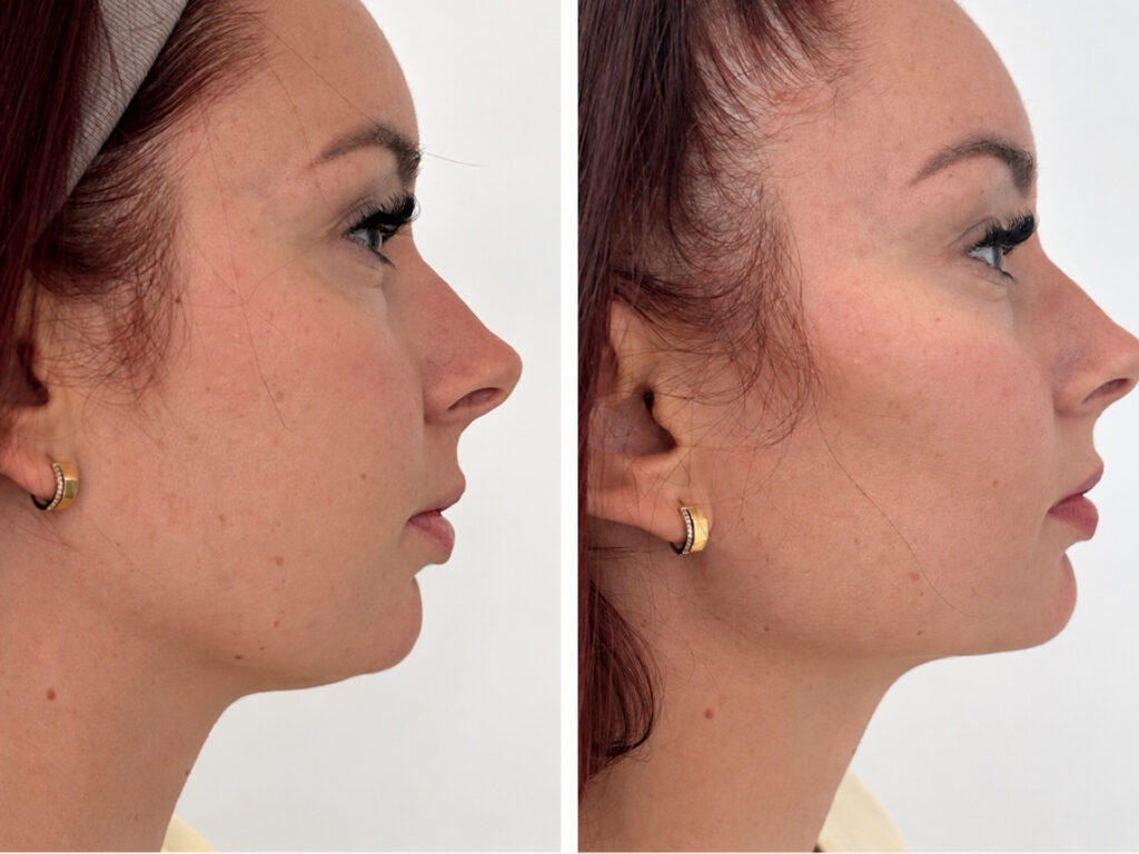 Endolift kezelés és 1 ml hialuronsavas állkorrekció előtt és után.