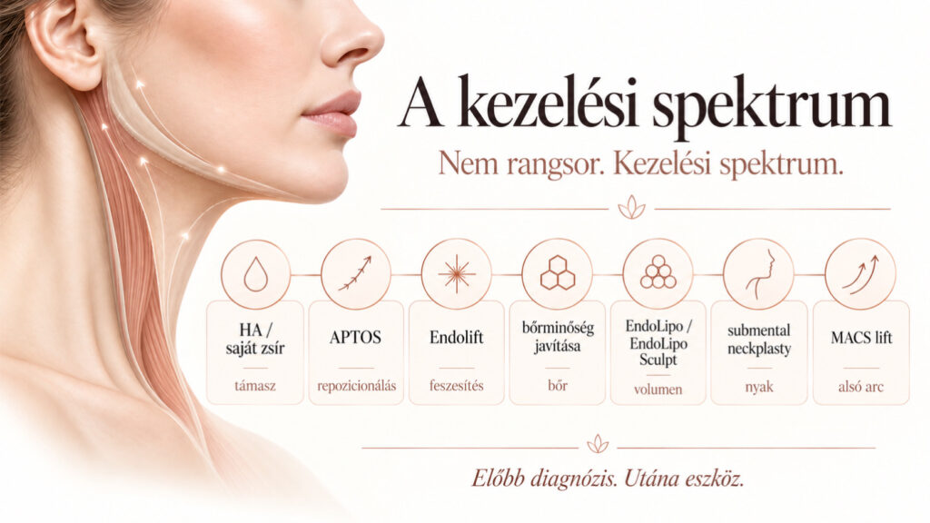 az állív, toka és nyak kezelési lehetőségeiről az állkorrekciótól és APTOS szálaktól az Endoliften, EndoLipo Sculpton és nyakplasztikán át a MACS liftig.